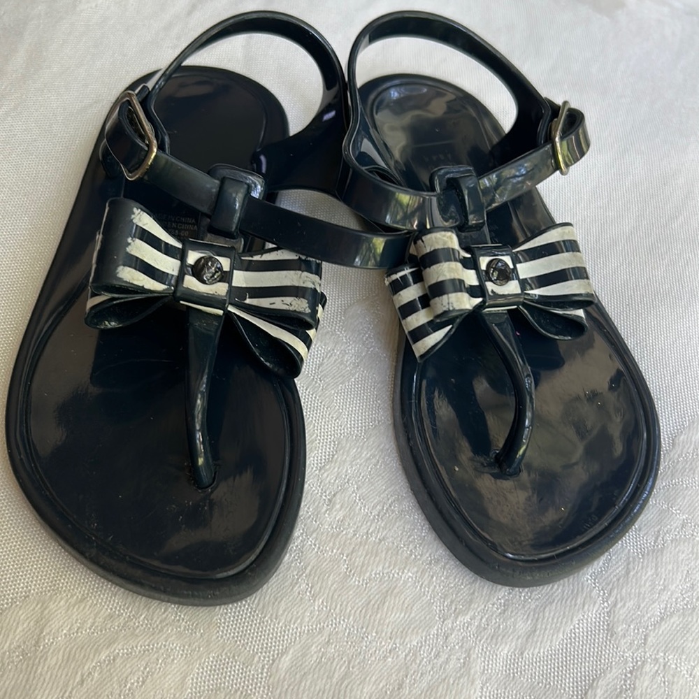 COPY - Baby Gap Striped Bow Navy Jelly Rubber sandals Size 7 toddler snap closu…